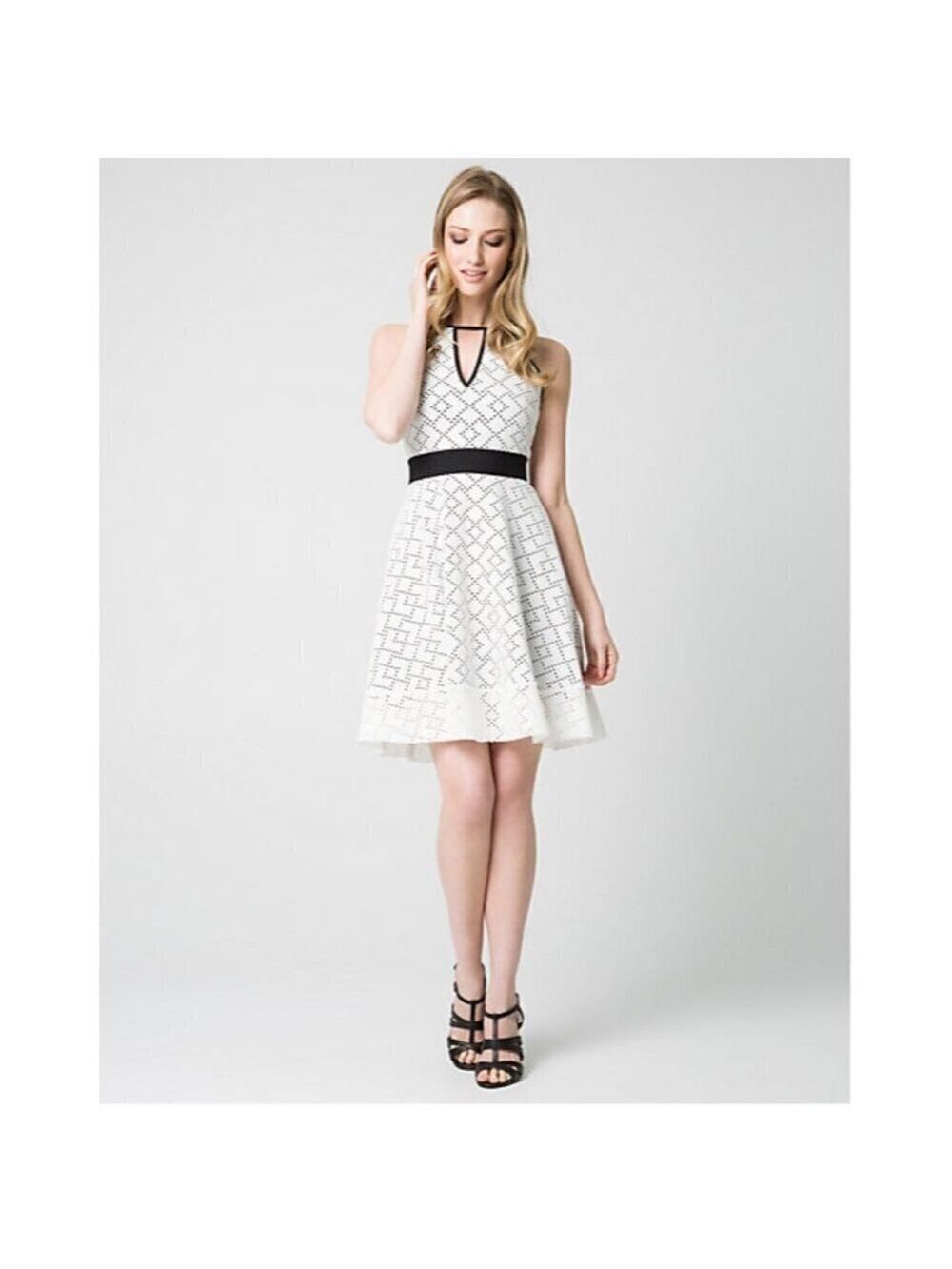Le Chateau Laser Cut Stretch Piqué Halter Neck Off White / Black Dress S…